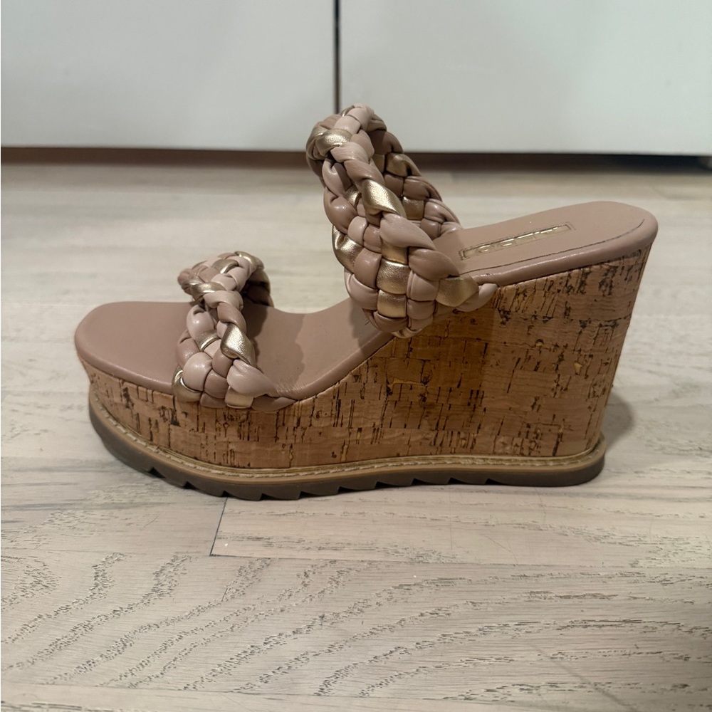 Aldo Braided Cork Wedge Sandals - Tan and Gold